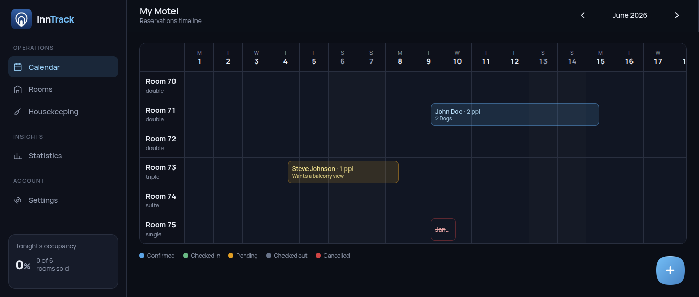 InnTrack reservations calendar showing rooms and bookings for June 2026